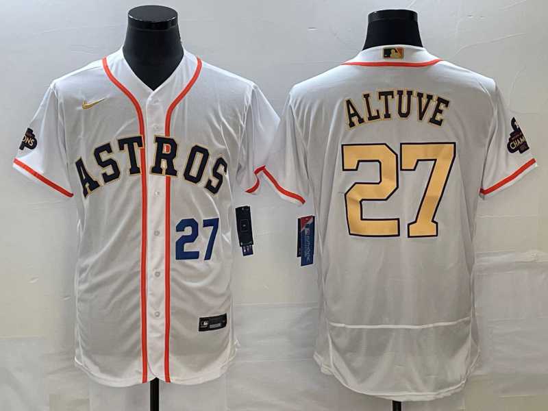 Mens Houston Astros #27 Jose Altuve Number 2023 White Gold World Serise Champions Patch Flex Base Stitched Jerseys